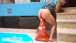 Latin Whore Fucks Giant Road Cone in Her Ass
