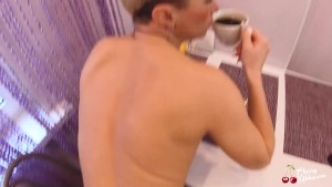 Hot Housewife Sucking, Ass Fucking and Swallowing Cum and Coffee in the Kitchen