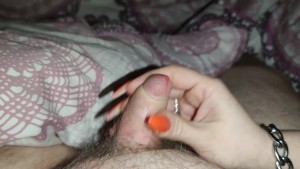 He loves it when i make his little dick cum with my orange long nails *cum runs on my long nails*